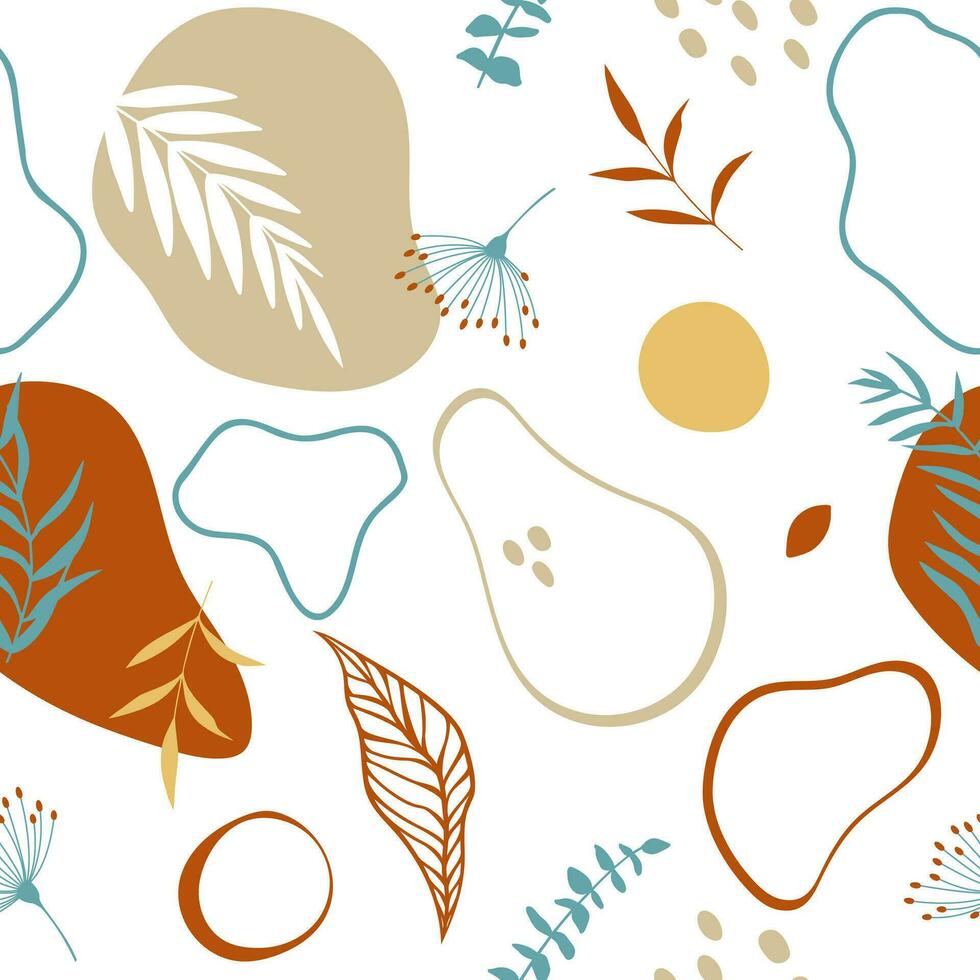 Colorful leaves and shapes seamless pattern illustration. Floral doodle background, funny basic nature shapes wallpaper. vector