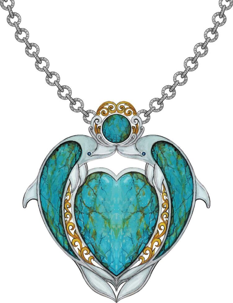 Jewelry design fancy turquoise set with heart and dolphins pendant hand drawing and painting make graphic vector. vector