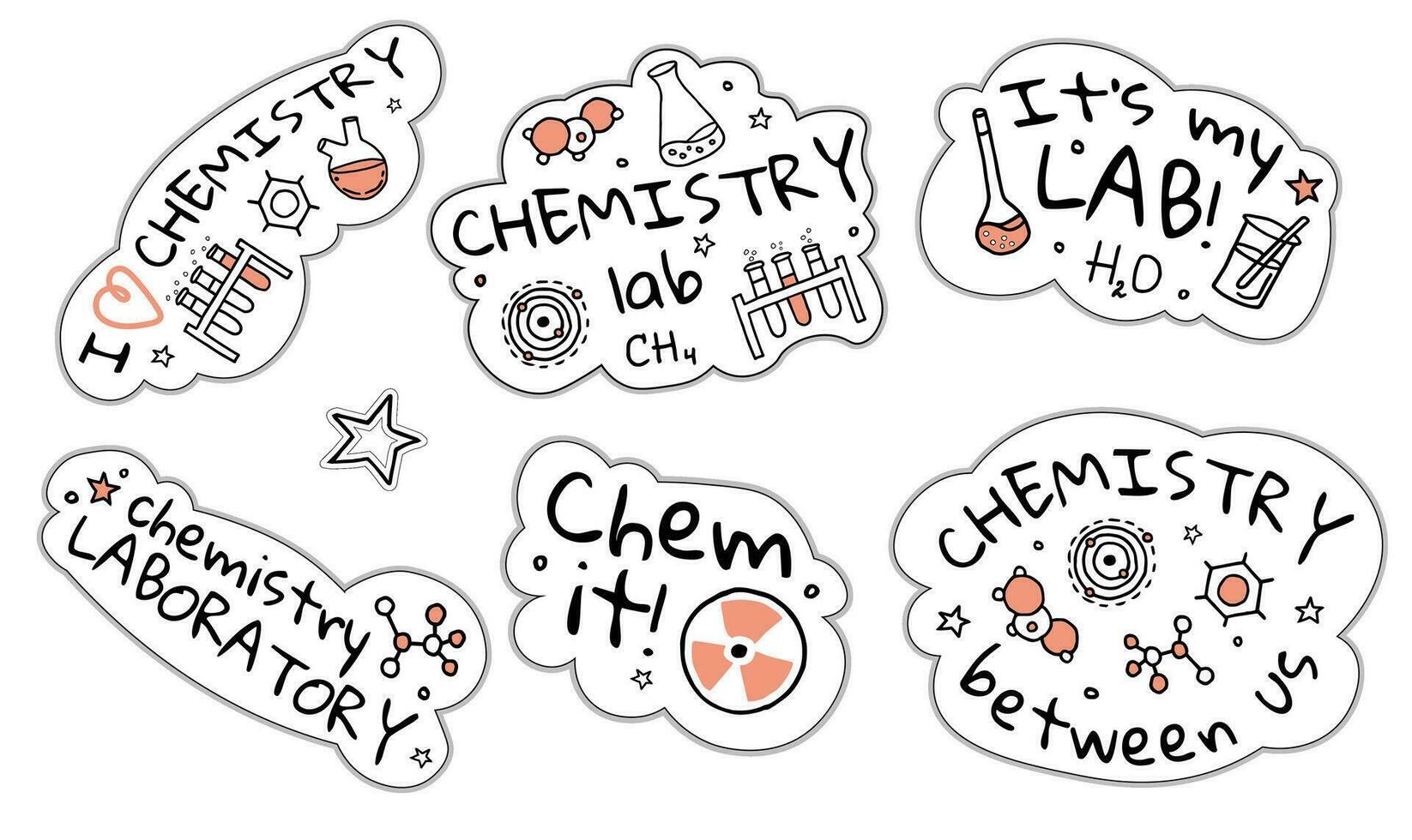 A set of funny stickers on chemistry in the style of doodle with lettering vector