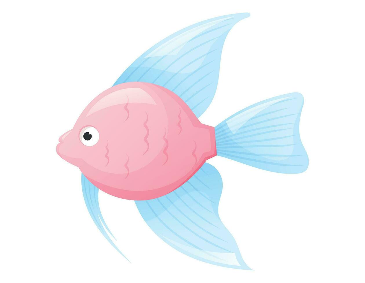 Cartoon pink fish with blue fins and tail. Sea dweller vector isolated illustration.
