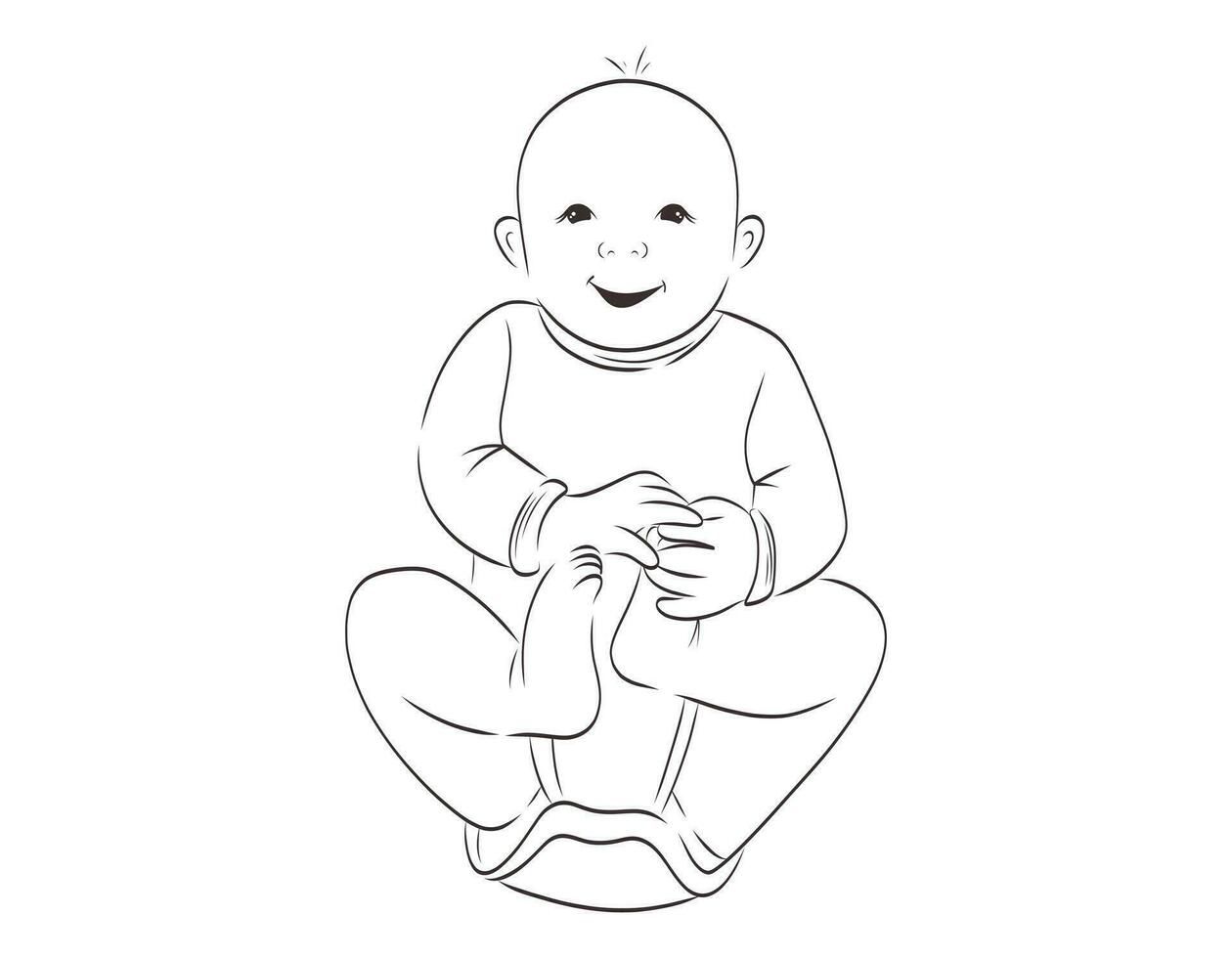 Vector isolated black and white illustration, smiling kid holding his legs, line art style.