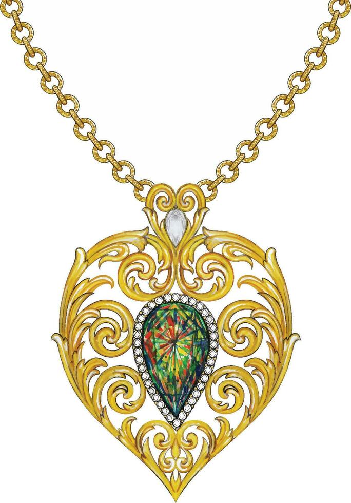 Jewelry design vintage heart set with black opal gold pendant hand drawing and painting make graphic vector. vector