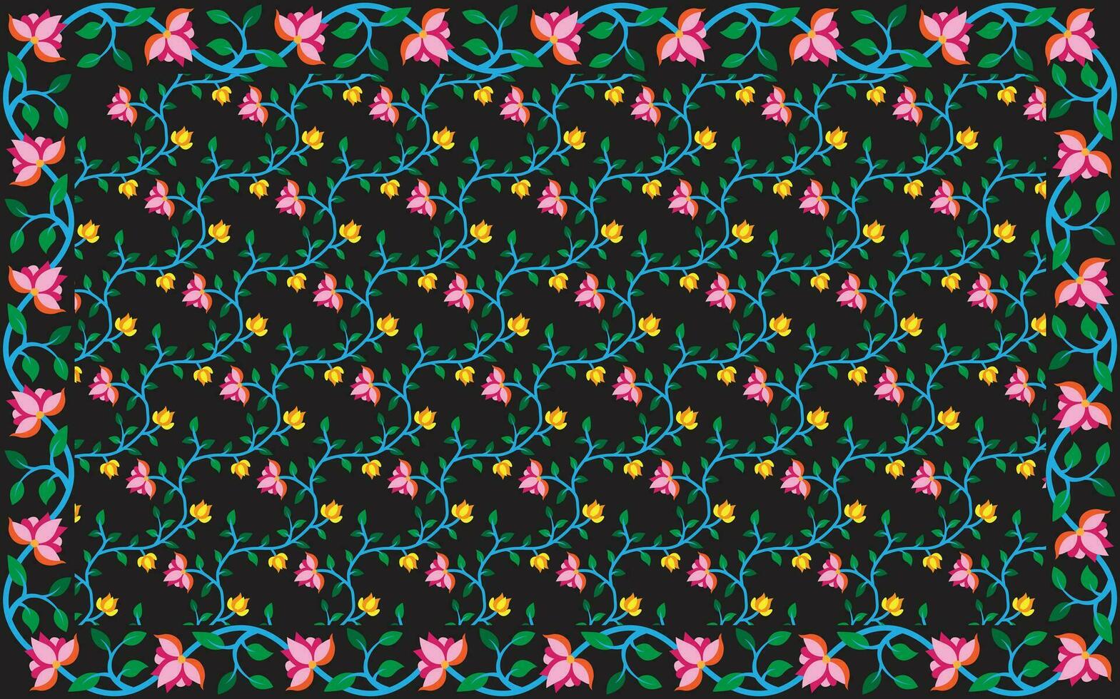 Seamless hand drawn floral pattern with tantuja textile print design. Flower leaves, floral bouquets, drawing illustration vector