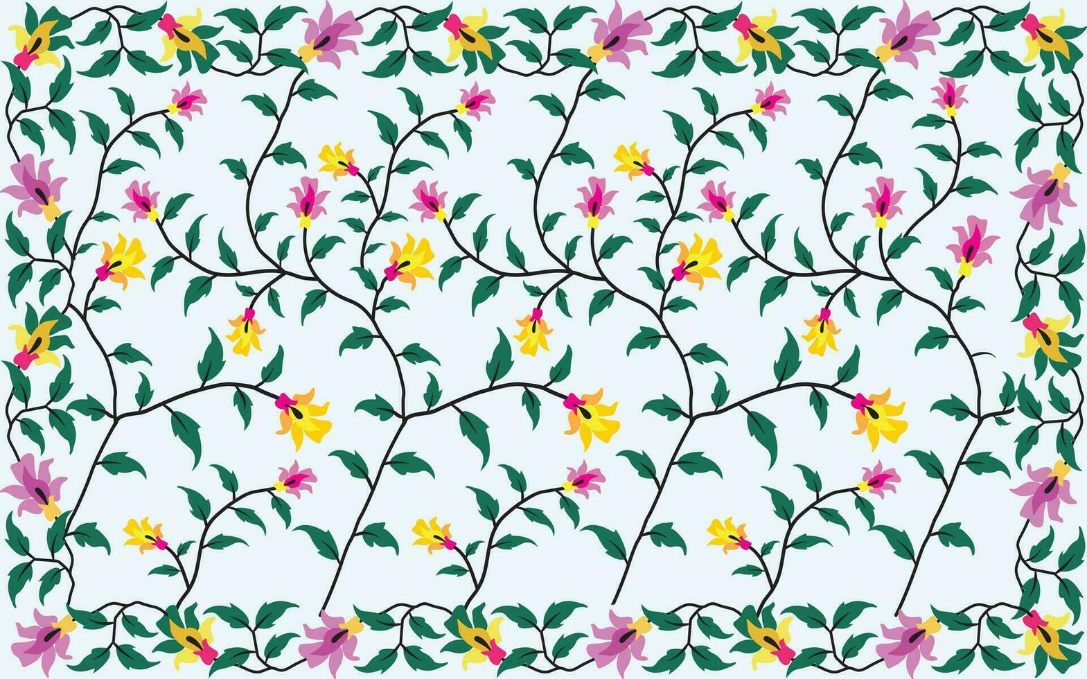Seamless hand drawn floral pattern with tantuja textile print design. Flower leaves, floral bouquets, drawing illustration vector