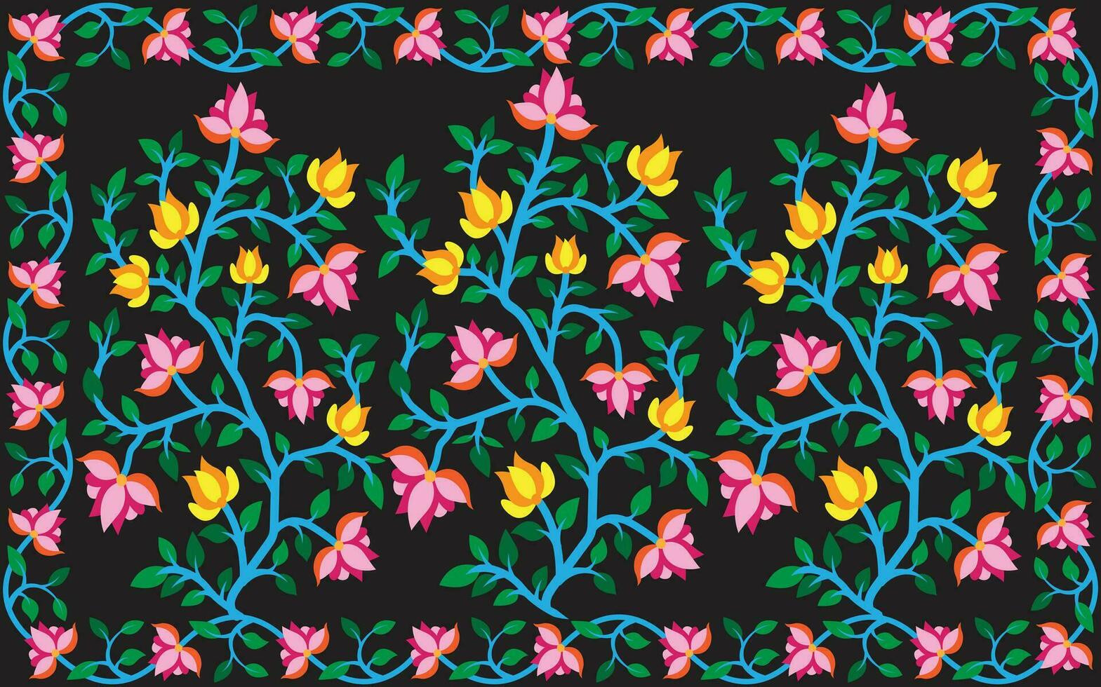 Seamless hand drawn floral pattern with tantuja textile print design. Flower leaves, floral bouquets, drawing illustration vector