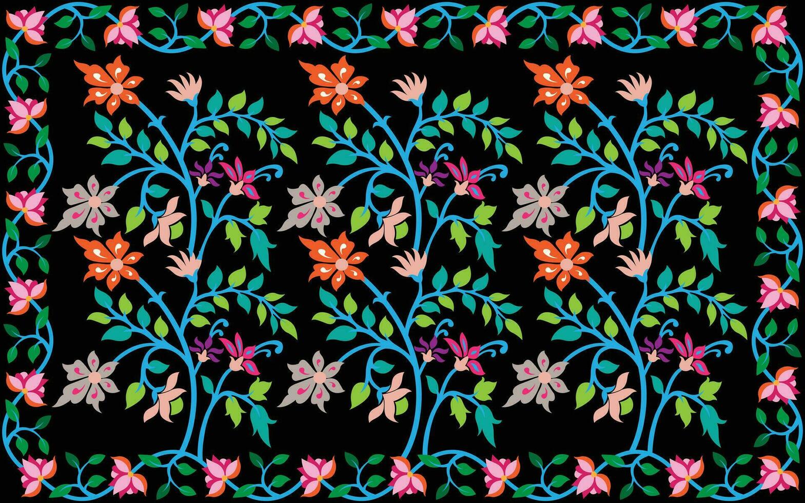 Seamless hand drawn floral pattern with tantuja textile print design. Flower leaves, floral bouquets, drawing illustration vector