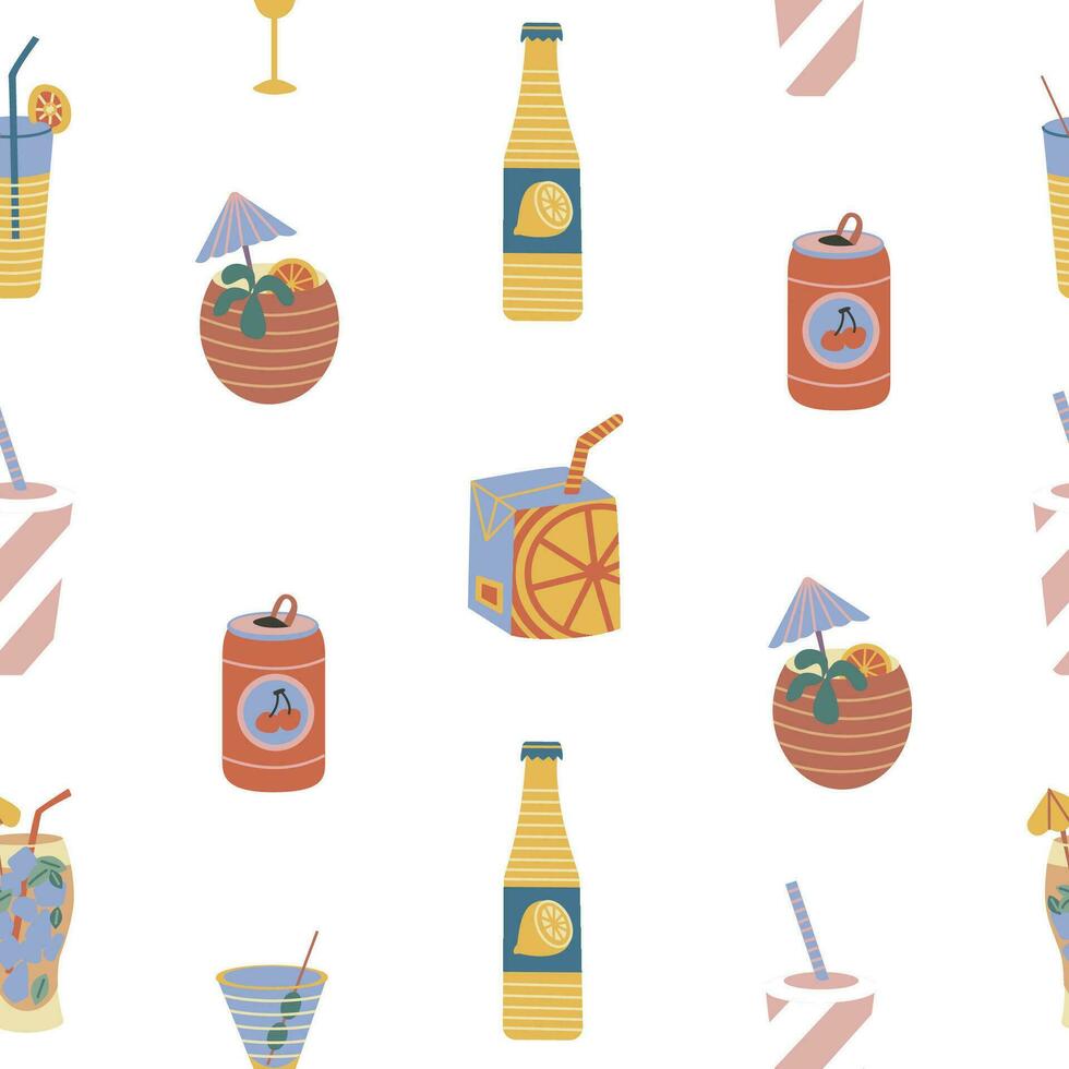 Seamless pattern with tropical cocktail, hand drawn exotic vector