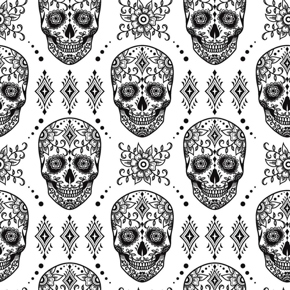 Mexican sugar skull vector seamless pattern,
