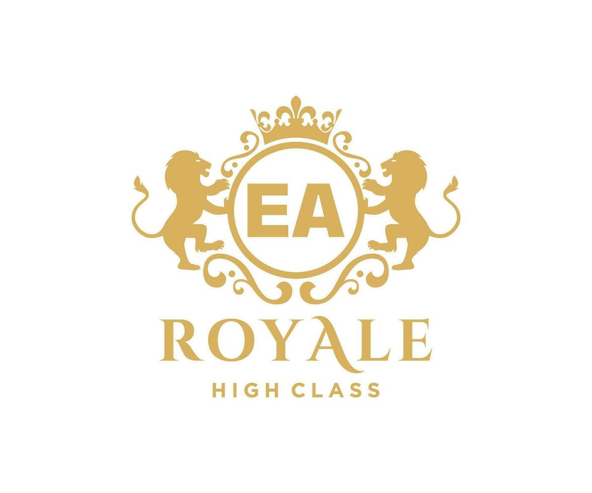Golden Letter EA template logo Luxury gold letter with crown. Monogram alphabet . Beautiful royal initials letter. vector