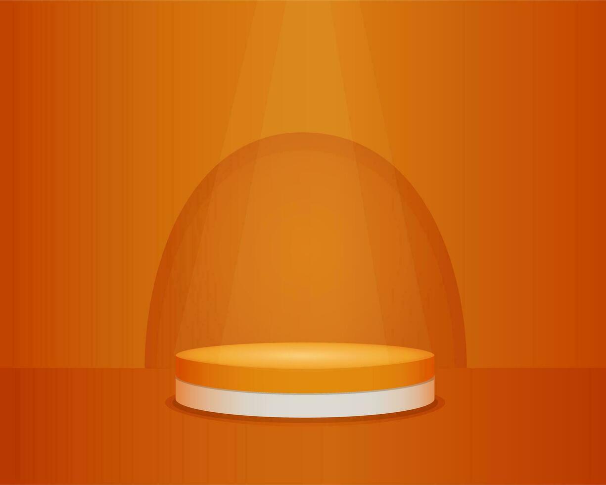 Orange realistic cylinder pedestal podium. Arch in backdrop. 3d Abstract vector geometric platform.