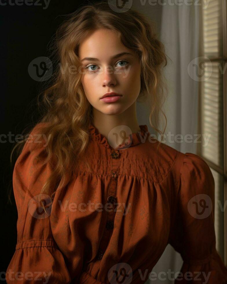 a beautiful young woman in an orange dress generative ai photo