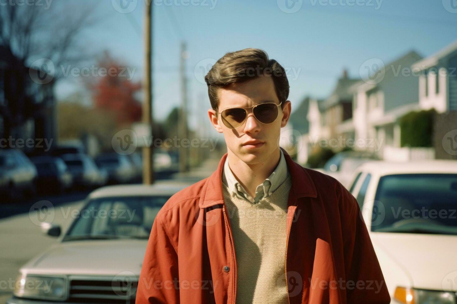a young man wearing sunglasses and a red jacket standing in front of a parked car generative ai photo