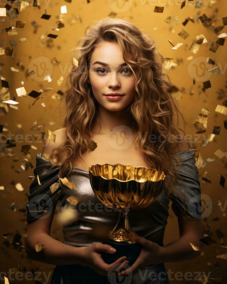 beautiful young woman holding a golden trophy in her hands generative ai photo
