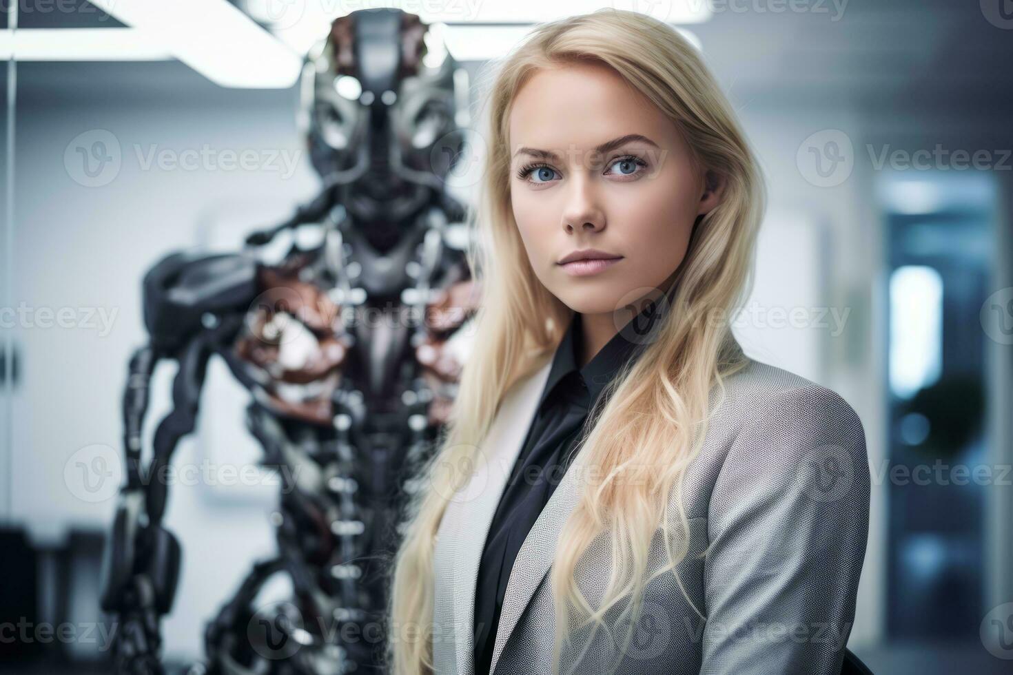 a woman in a business suit standing next to a robot generative AI photo