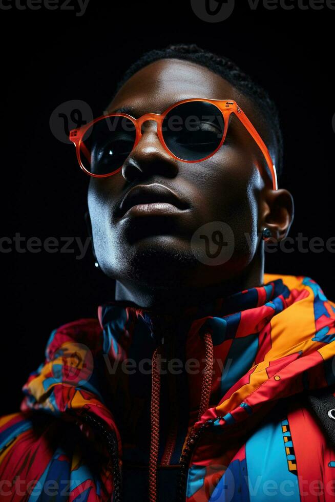 The retro wave or synth wave portrait of a young happy serious African man at studio. AI Generated photo