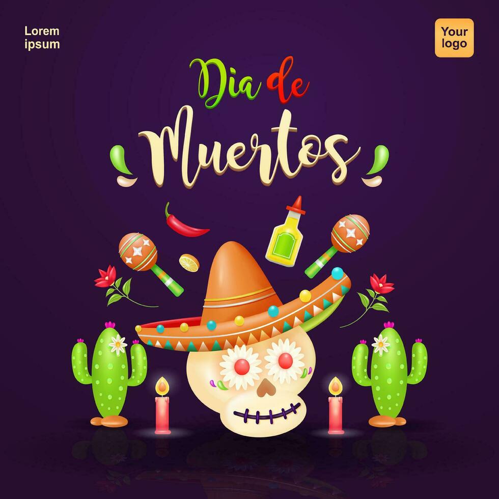 Dia de muertos. Sugar skulls with hats, candles, cacti, flowers, tequila, maracas and chili peppers. Suitable for events vector