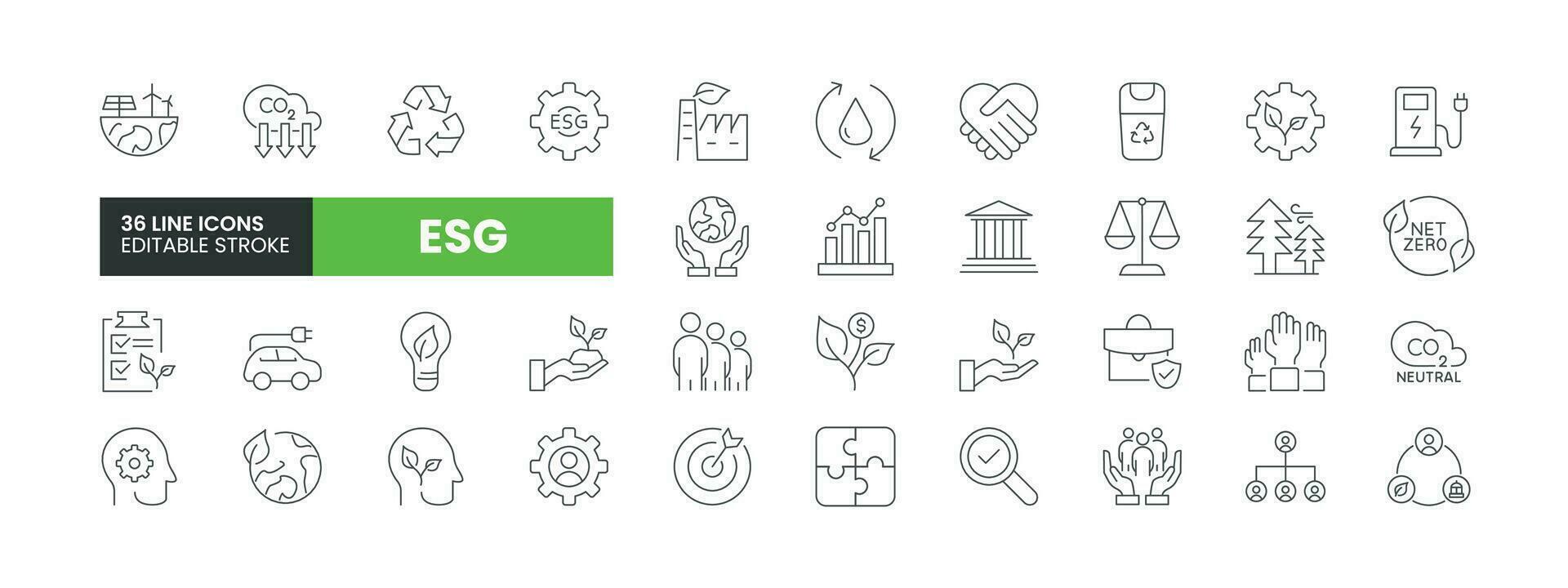 Set of 36 ESG Enviornmental, Social, and Governance line icons set. ESG outline icons with editable stroke collection. Includes Governance, climate crisis, sustainability, ecology, and More. vector