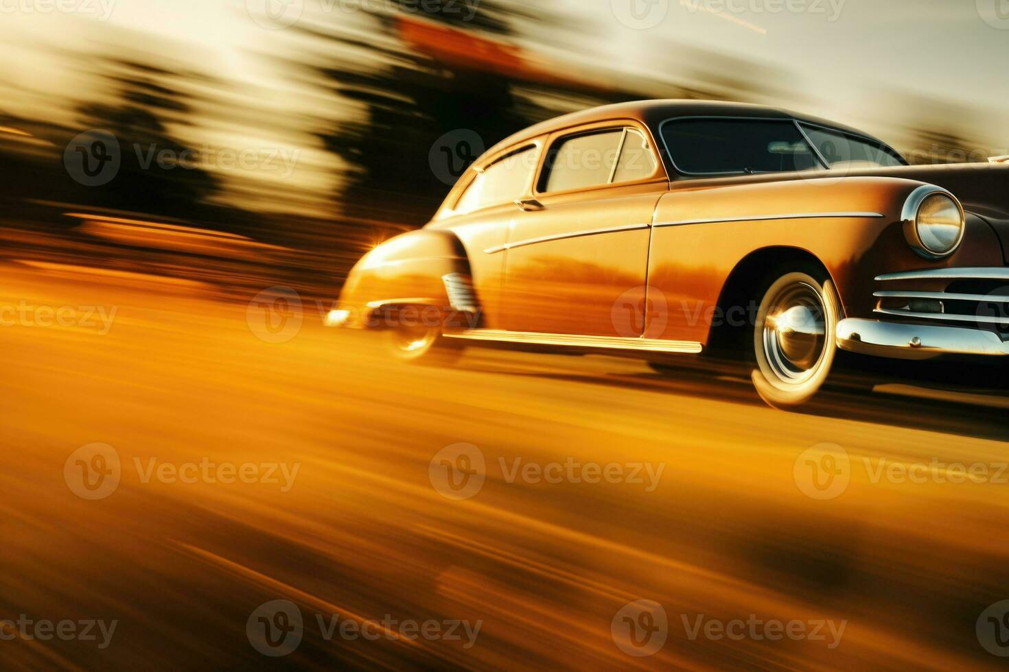 Retro car driving on country road with motion blur effect. Generative AI photo