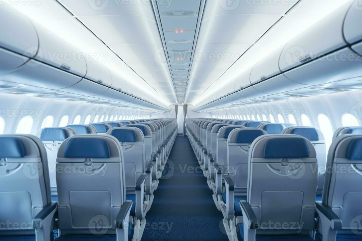 Empty passenger seats in cabin of the aircraft. Plane interior. Generative AI photo