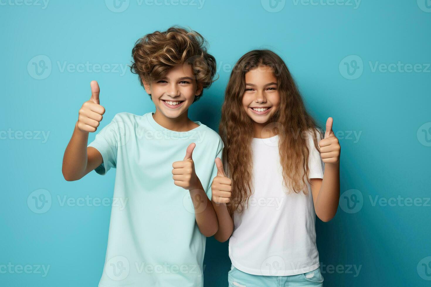 Portrait of teenagers showing thumb-up on color background. AI Generated photo