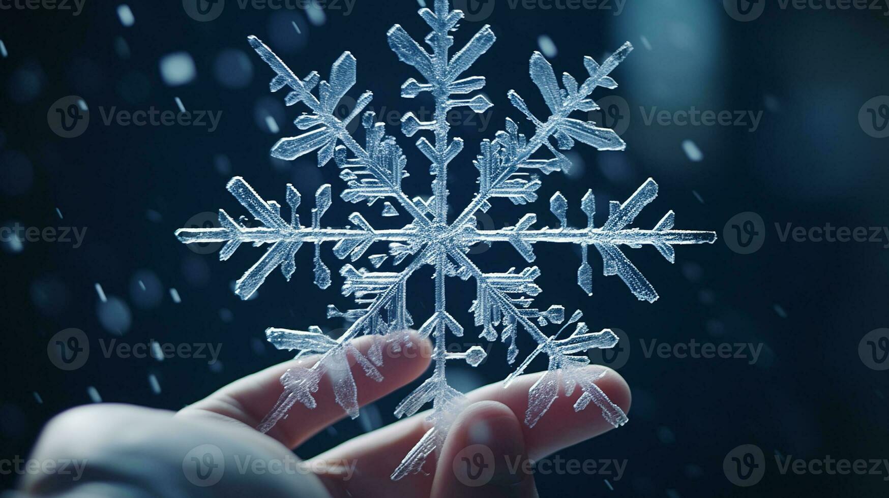 macro view of snowflake illustration fallen snow catching by hand. Generative AI photo