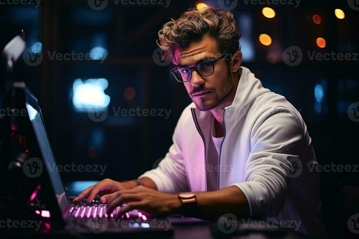 Positive emotions. Man in glasses is sitting by the laptop in dark room with neon lighting. AI Generated photo