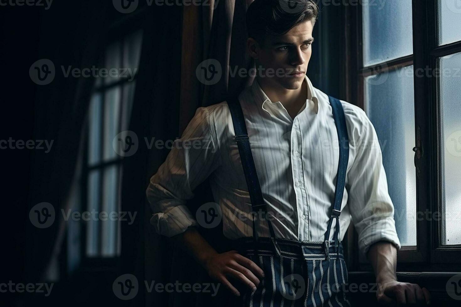 scene of a brutal young detective standing by the window with a thoughtful expression on his face and smoking a cigarette, he is wearing a striped shirt, classic pants with suspenders. AI Generated photo