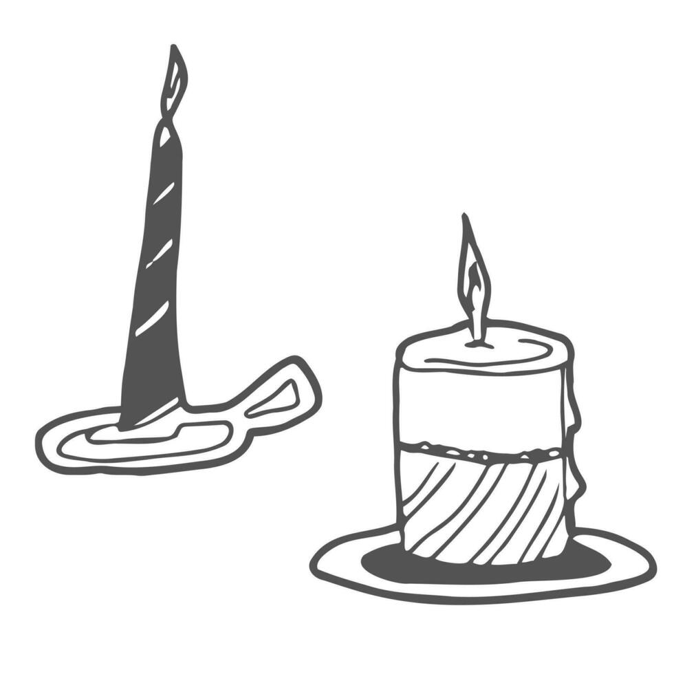 Doodle Christmas candles. Cartoon element, vector sketch illustration, black outline art for web design, icon, print, coloring page.