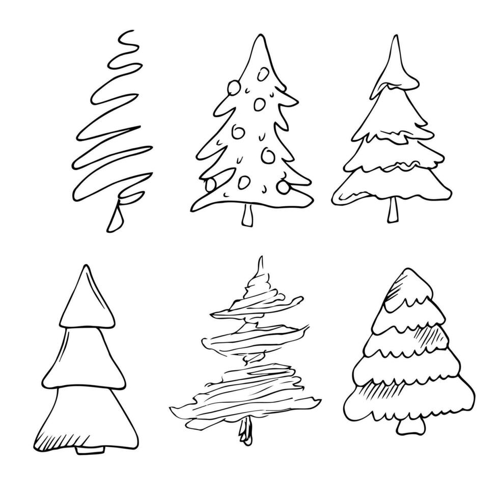 Outline fir tree hand drawn set. Simple style trees. vector