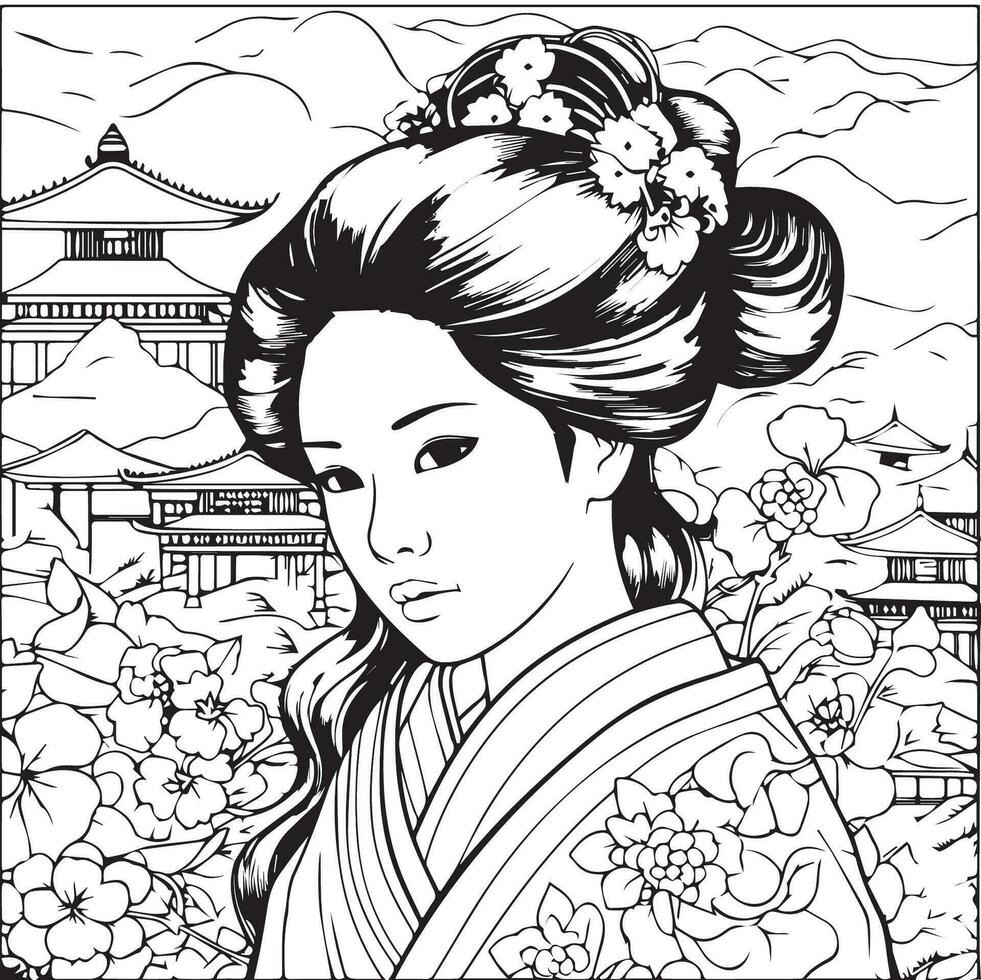 japaneses people coloring page vector