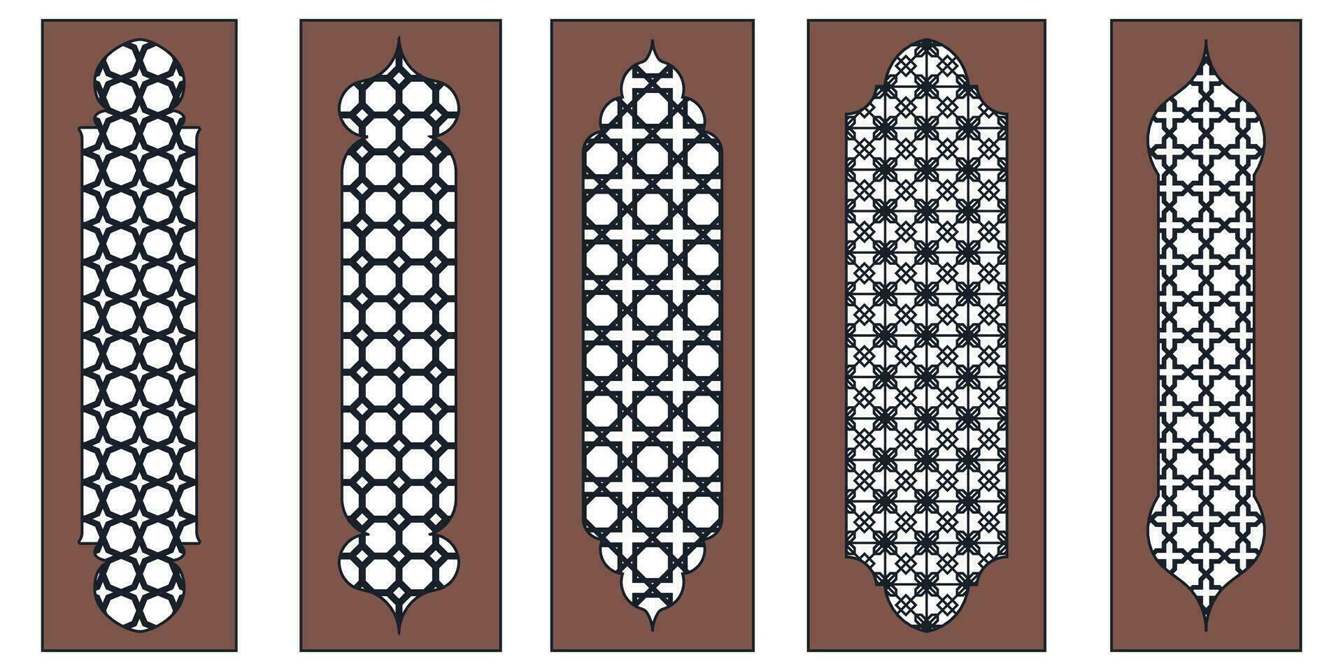 Collection of arabian oriental windows, arches and doors. Laser cut grill. Modern design in black fo frames Mosque dome and lanterns Islamic ramadan kareem and eid mubarak style. Vector illustration