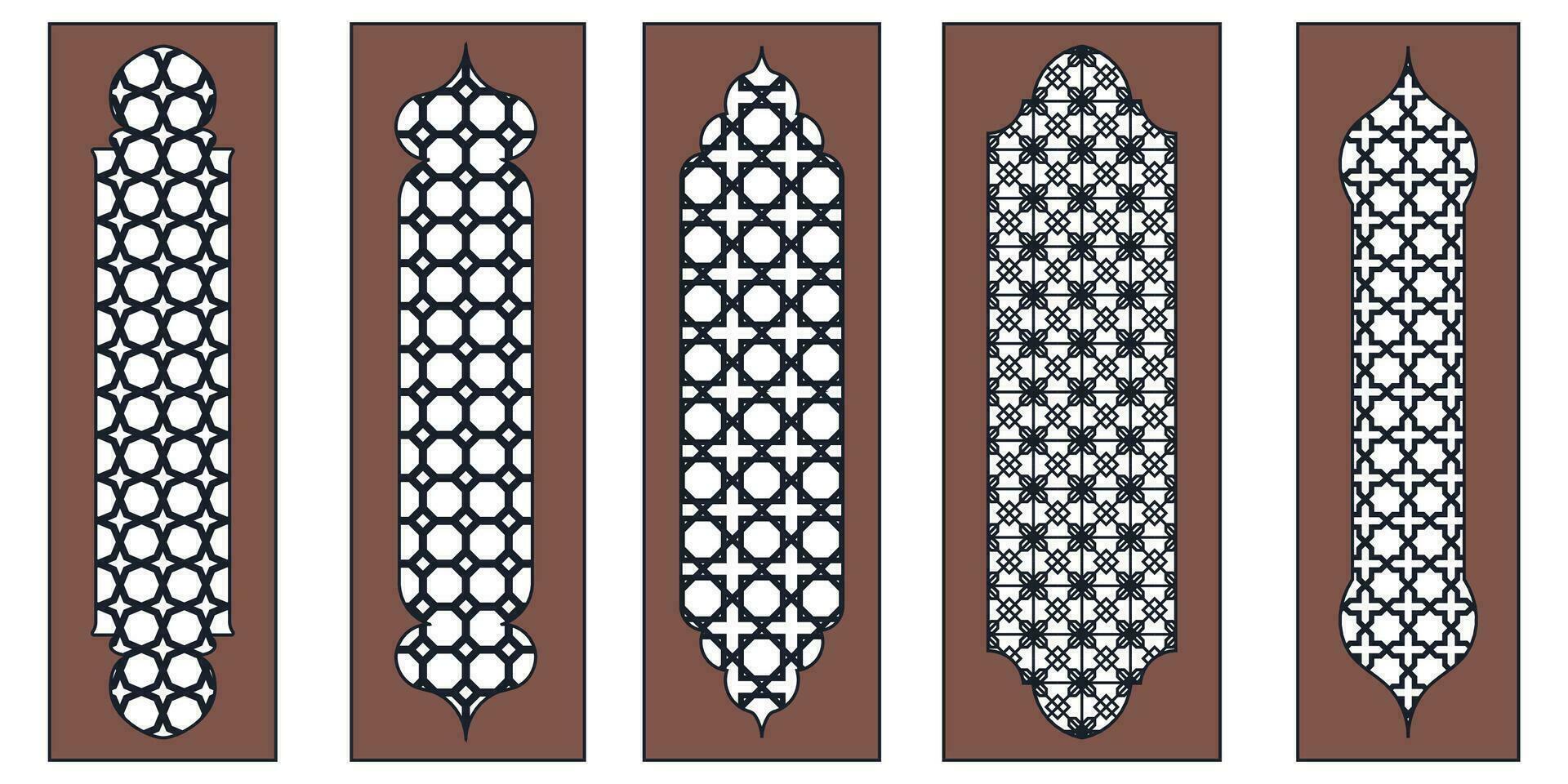 colección de árabe oriental ventanas, arcos y puertas láser cortar parrilla. moderno diseño en negro fo marcos mezquita Hazme y linternas islámico Ramadán kareem y eid Mubarak estilo. vector ilustración