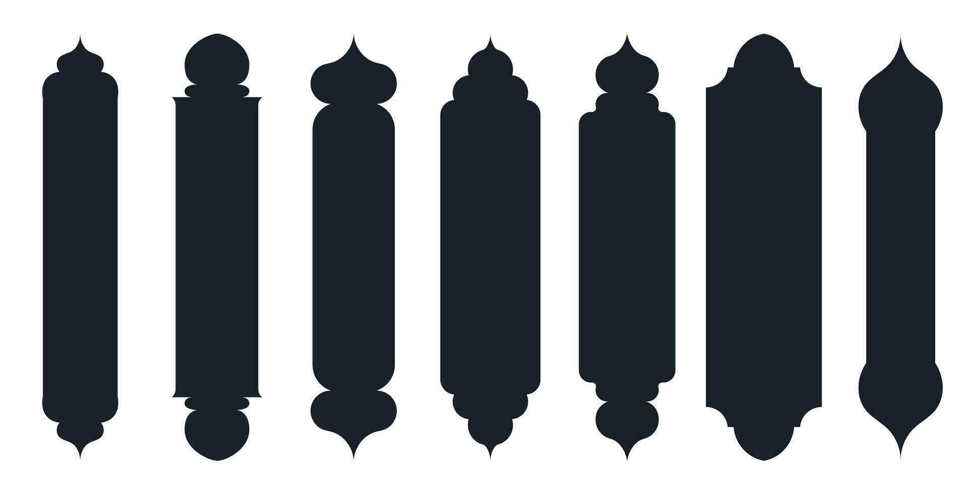 Collection of arabian oriental windows, arches and doors. Modern design in black for frames, patterns Mosque dome and lanterns Islamic ramadan kareem and eid mubarak style. Vector illustration