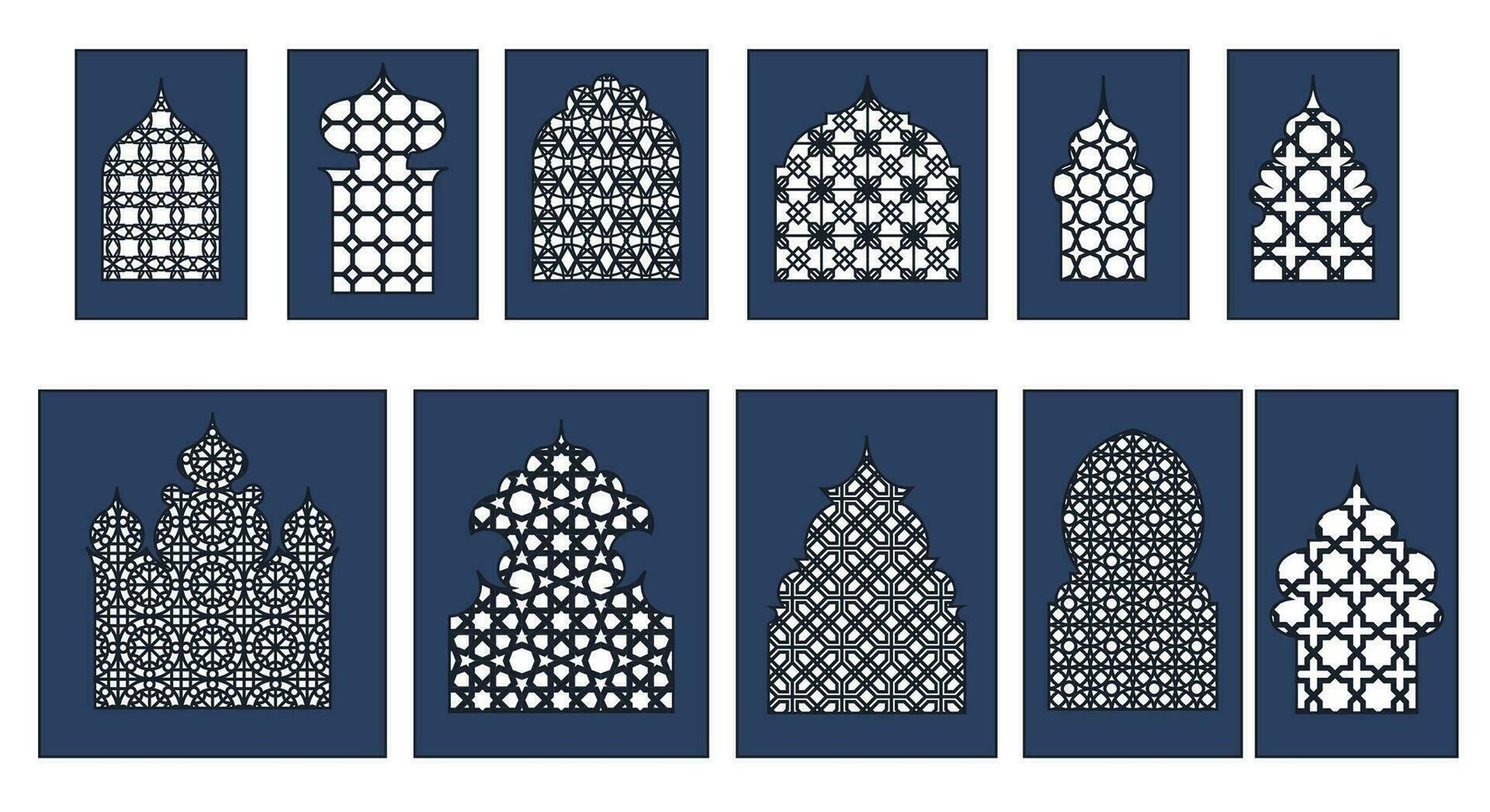Collection of arabian oriental windows, arches and doors. Laser cut grill. Modern design in black fo frames Mosque dome and lanterns Islamic ramadan kareem and eid mubarak style. Vector illustration