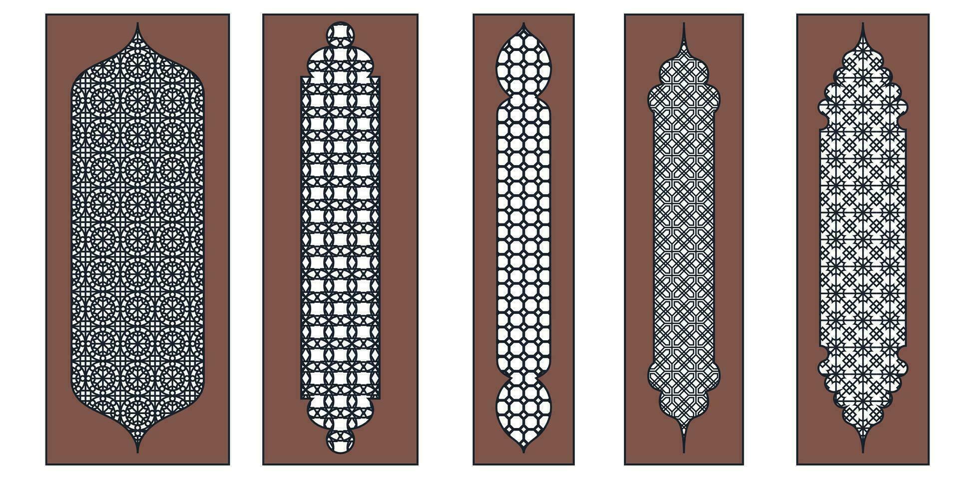 Collection of arabian oriental windows, arches and doors. Laser cut grill. Modern design in black fo frames Mosque dome and lanterns Islamic ramadan kareem and eid mubarak style. Vector illustration