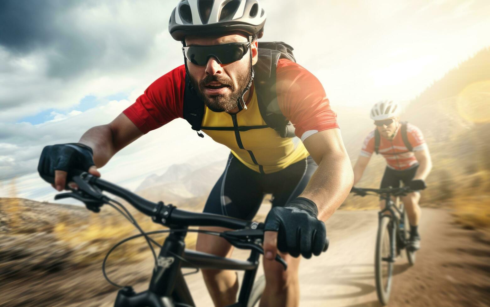 Cyclist riding down the road photo