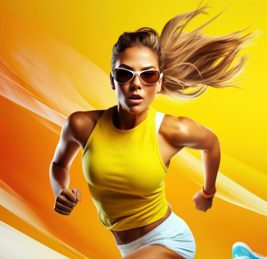 Young sport girl on yellow background photo