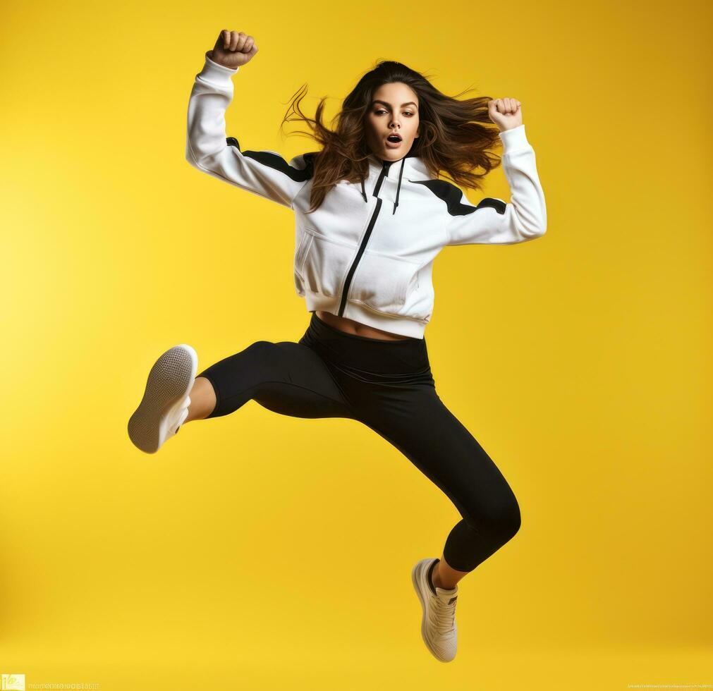 A teenage girl jumping in sports clothing on yellow background photo