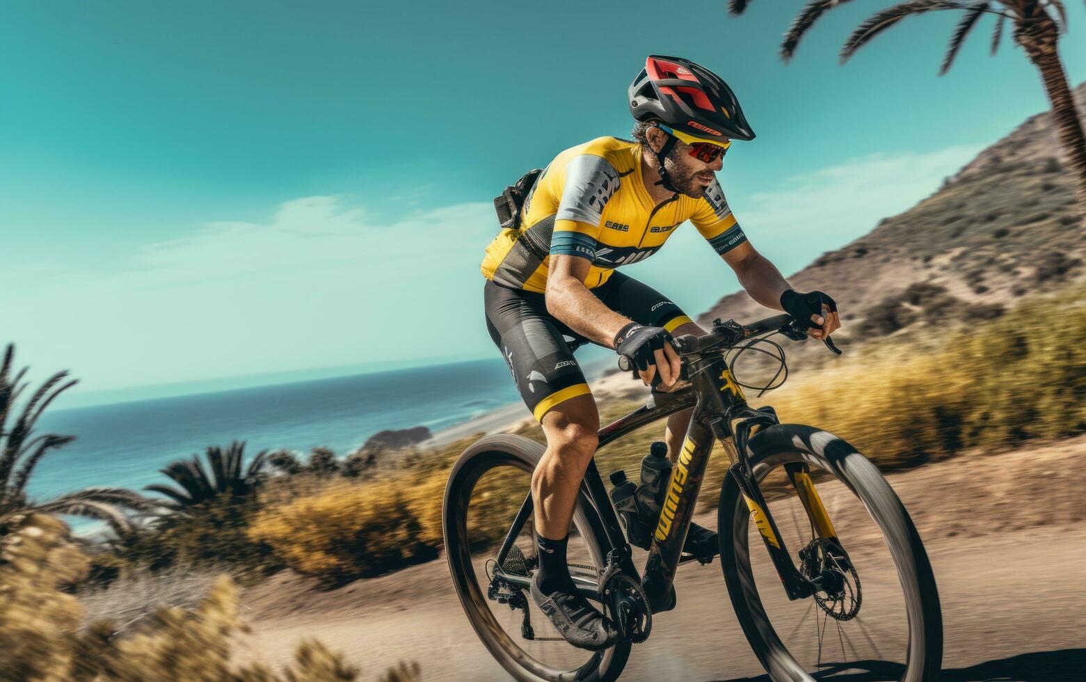 Cyclist riding down the road photo