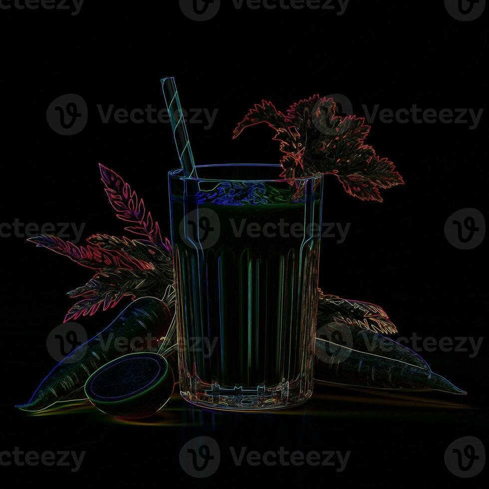 A glass of fresh juice. Illustration of vegetables and juice. Carrot juice in a glass on a black background. photo