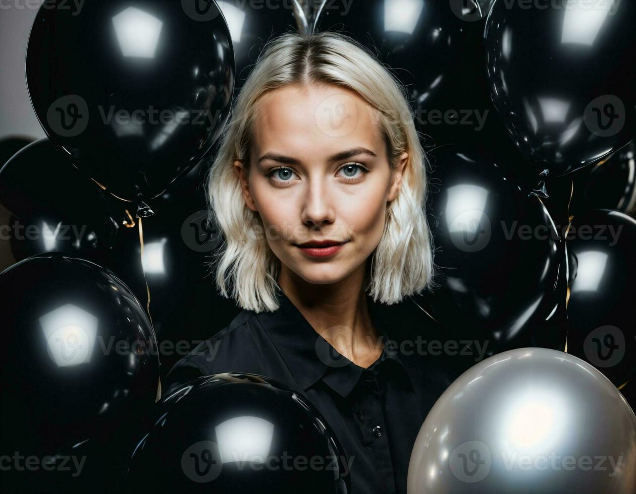 photo of beautiful european woman with blonde hair color in black and white balloons in background, generative AI