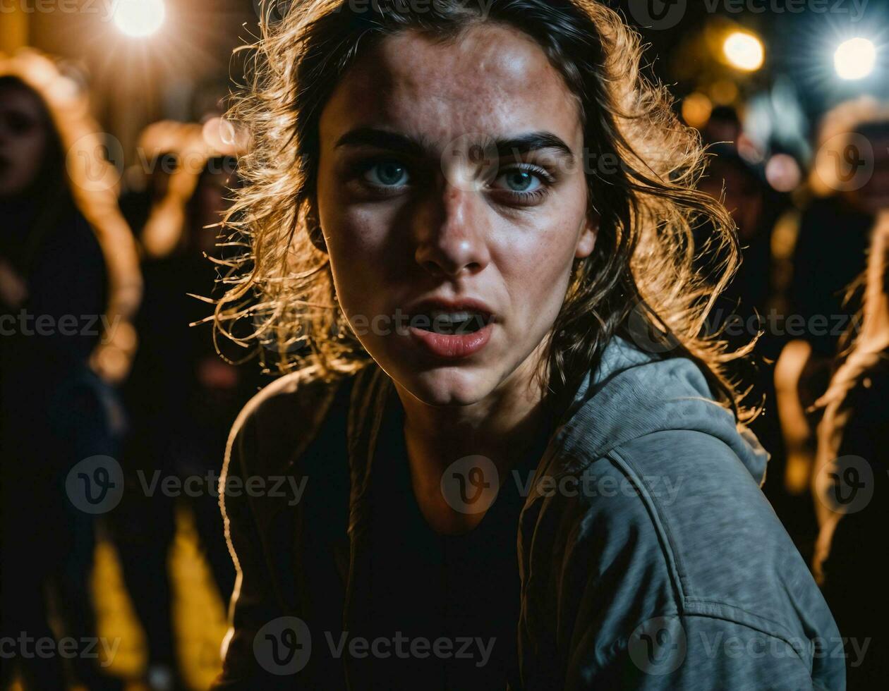 foto grupo de rabia enojado Adolescente Universidad niña luchando el otro con herida en rostro, generativo ai