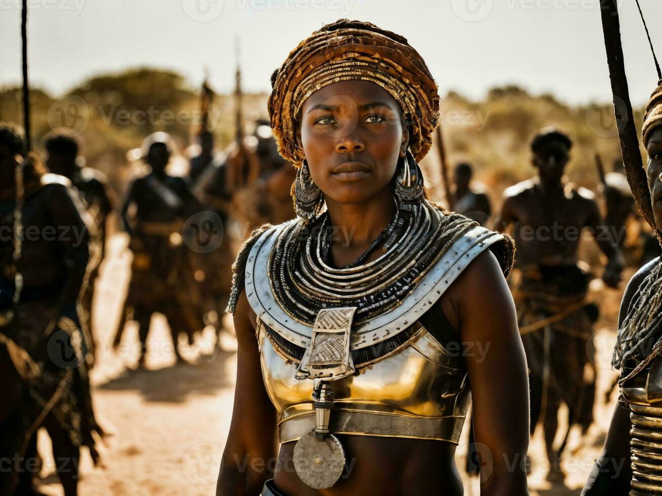 foto de africano mujer tribal guerreros con armadura, generativo ai