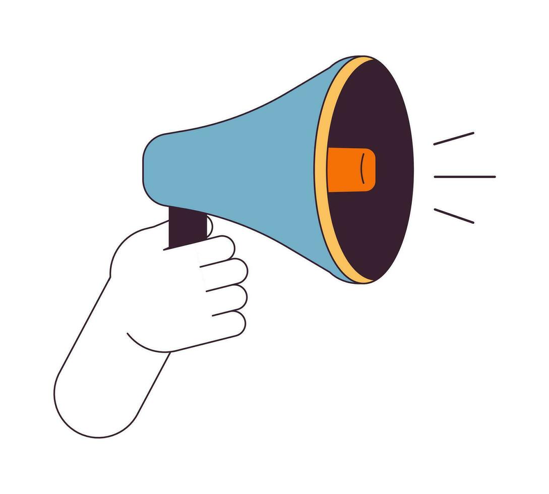 Holding megaphone flat line color isolated vector hand