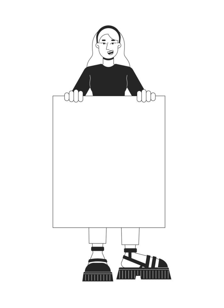 Woman holding banner flat line black white vector character