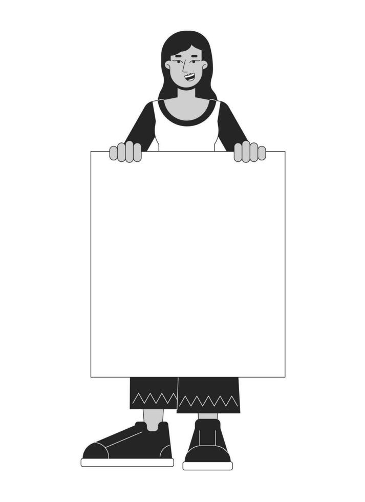 Cheerful female protester flat line black white vector character