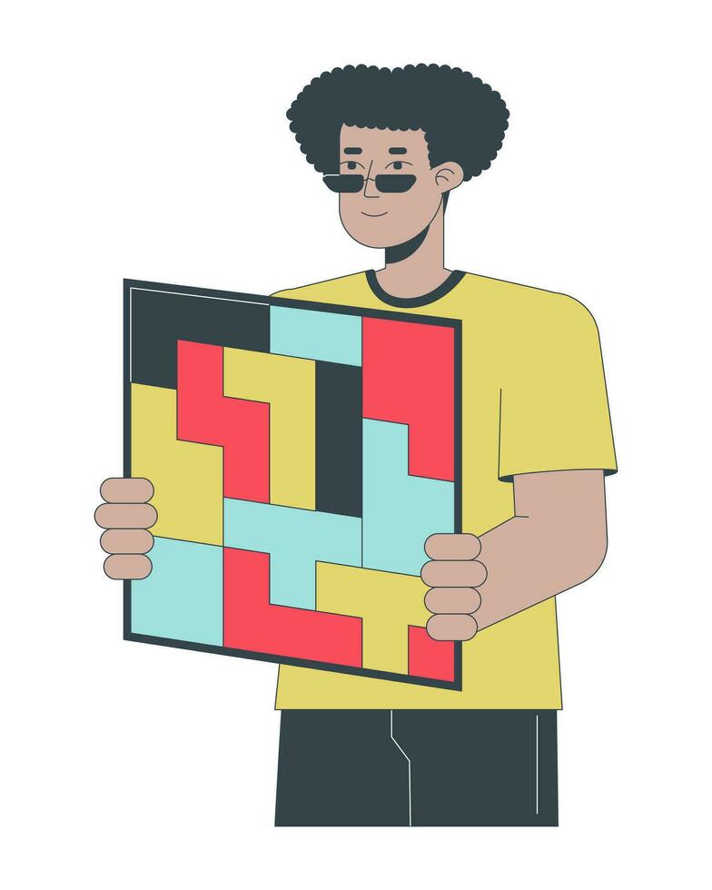 Man holding puzzles board flat line concept vector spot illustration