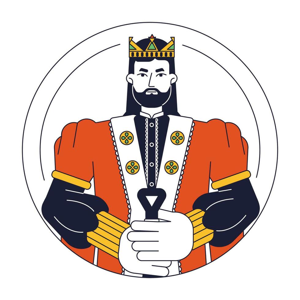 Confident king in golden crown flat line color vector character