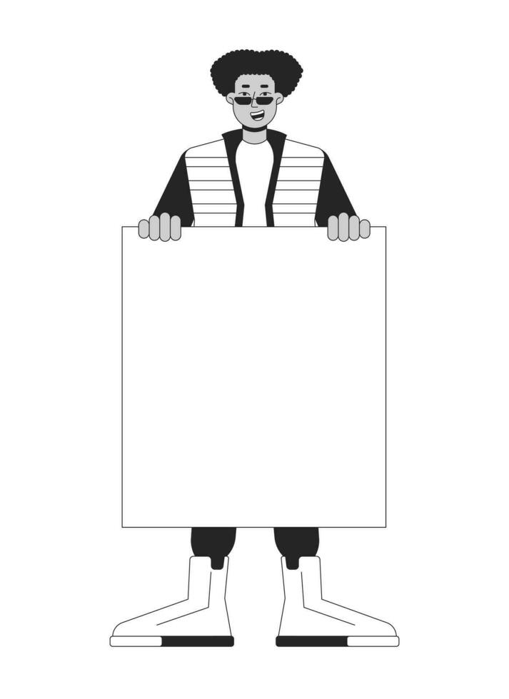 Happy black man with empty blank flat line black white vector character