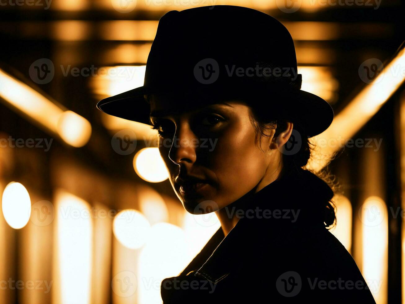 photo of serious detective woman in crime scene, generative AI
